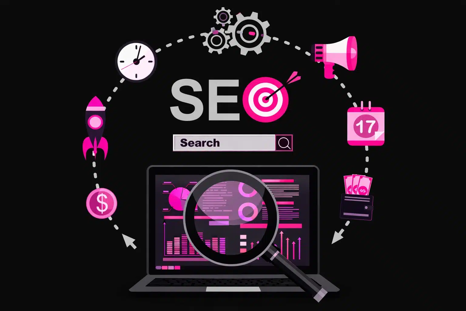 Dark themed SEO illustration of a laptop with analytics representing a technical SEO audit
