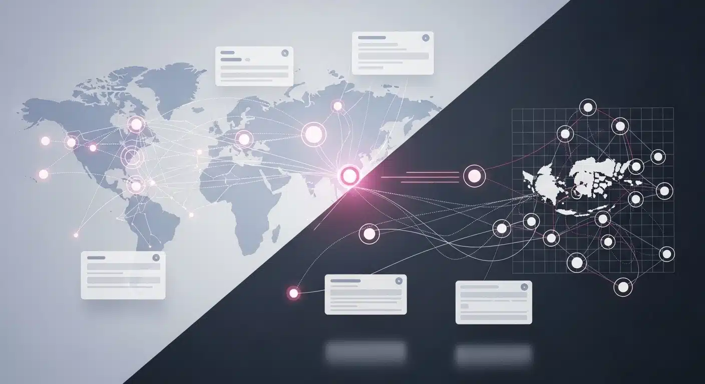 Local vs international SEO — split world map showing regional targeting versus global search reach